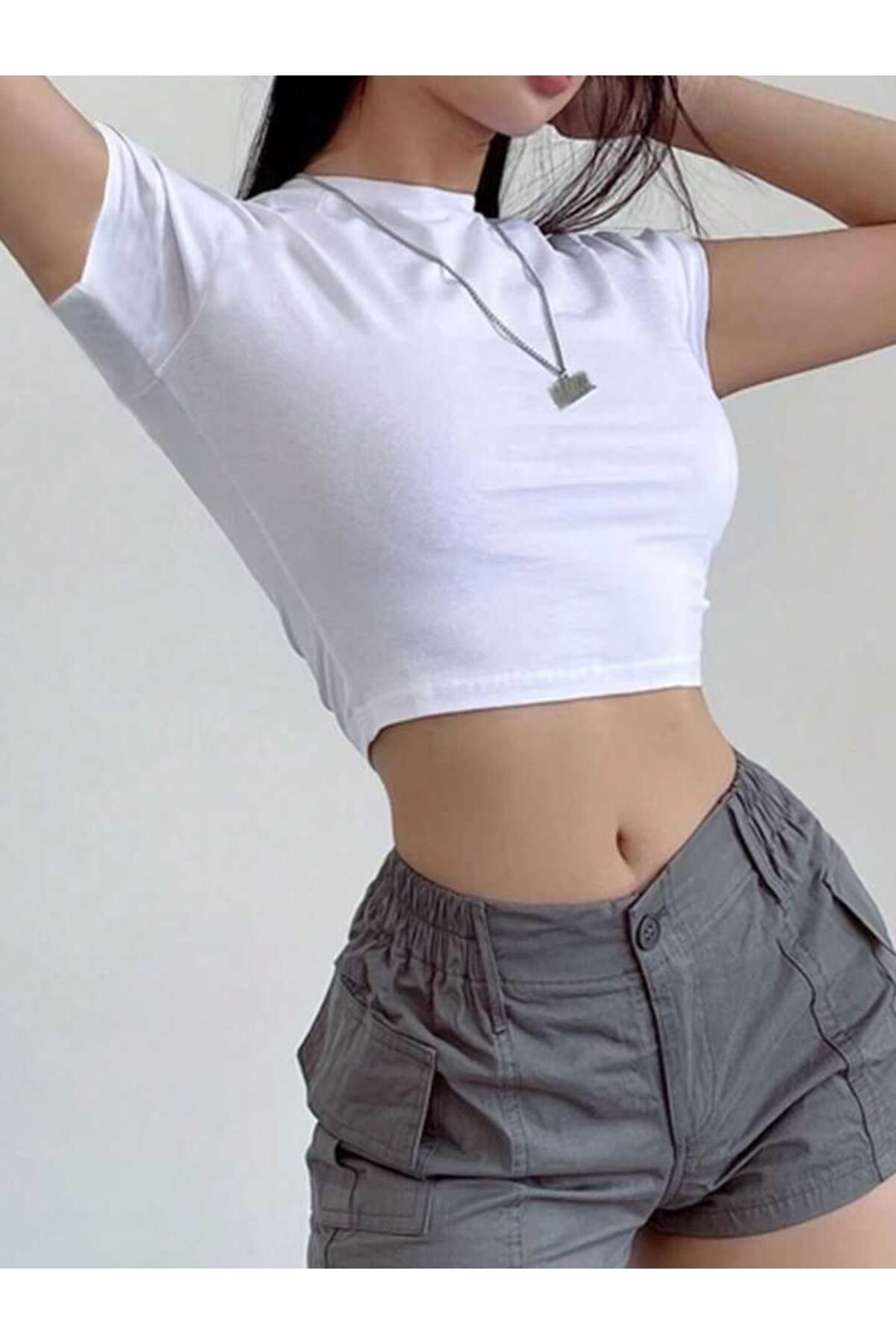 İKİLİ TAKIM SLİM FİT CROP TSHİRT Pamuklu Penye Kısa Kol Bisiklet Yaka
