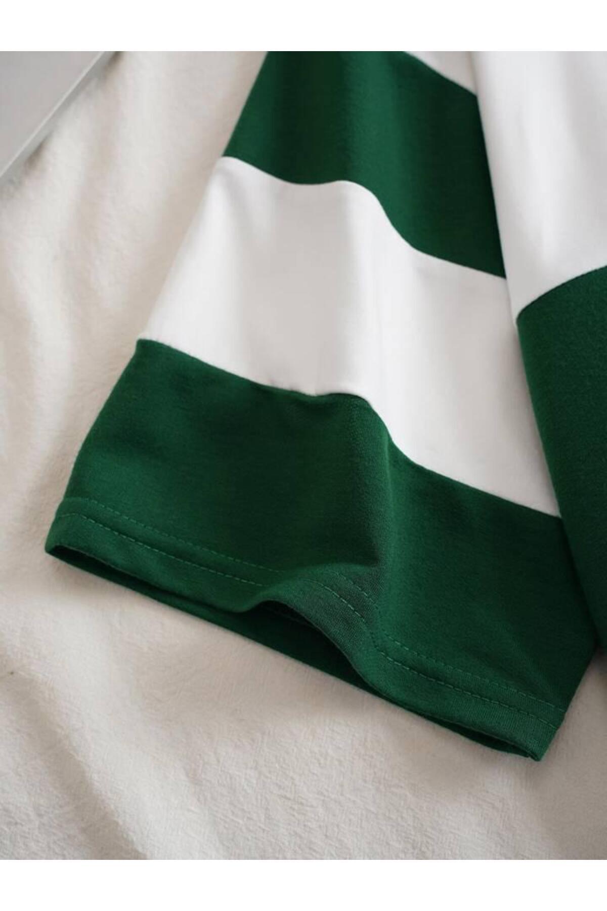 Unisex Multi Renk Düz Çizgili Fermuarlı Polo Yaka Oversize T-shirt
