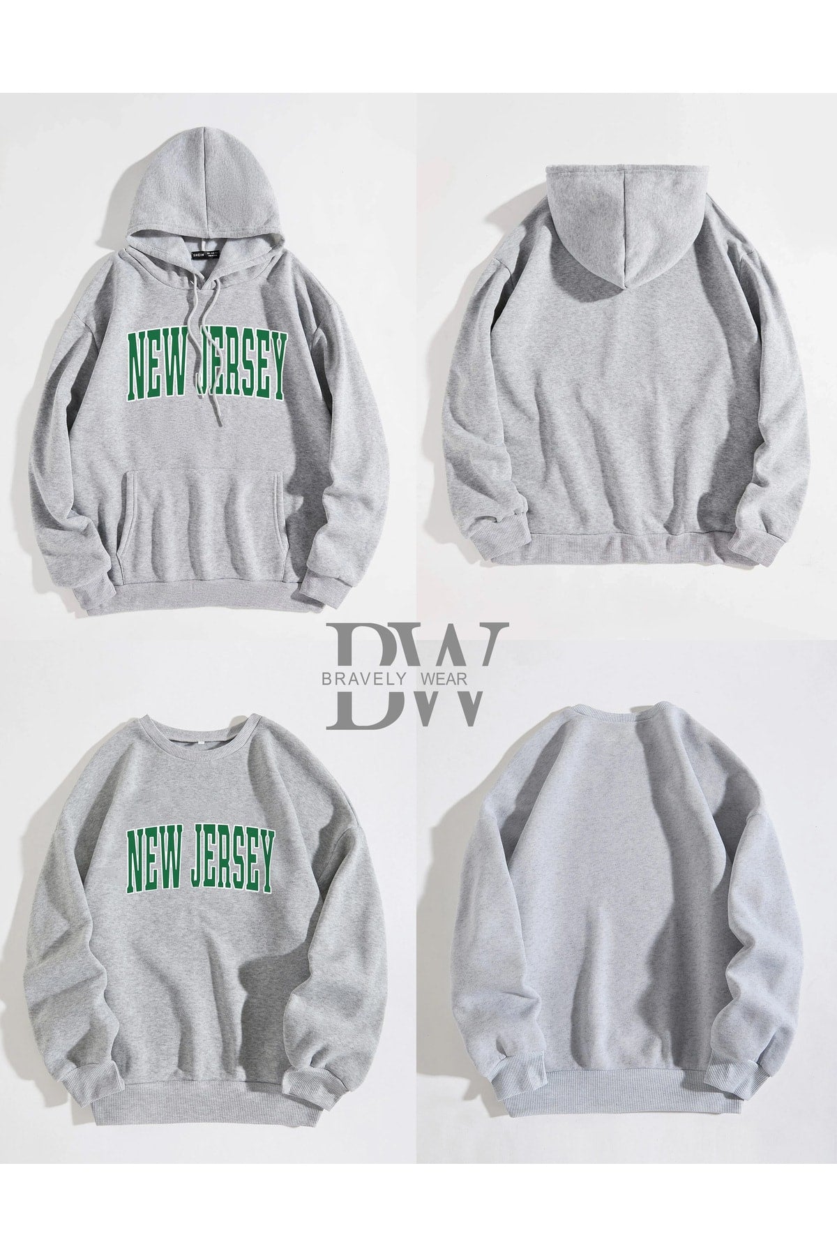 New Jersey Baskılı Kapşonlu ve Bisiklet Yaka 2li Paket Spor Sweatshirt Takımı