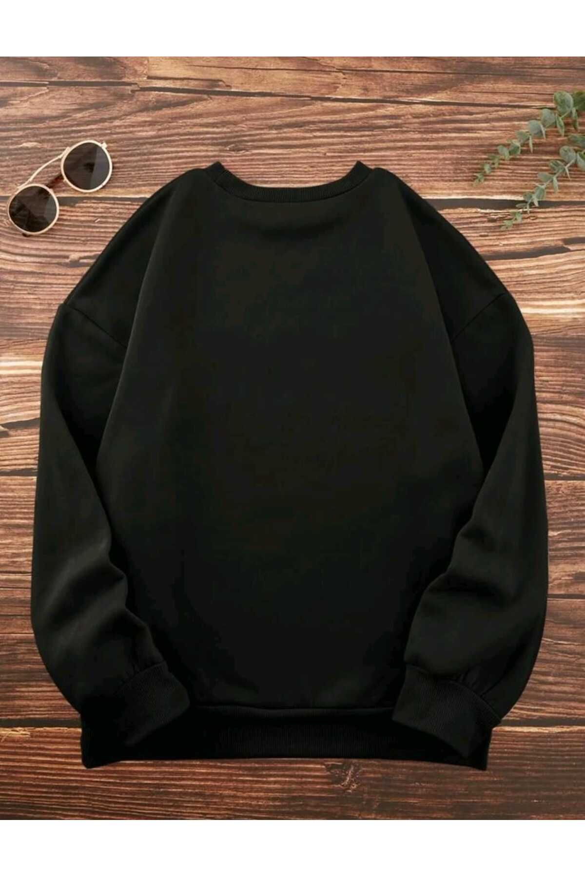 Unısex Siyah LOS ANGELES BASKILI Bisiklet Yaka Sweatshirt Hoodie