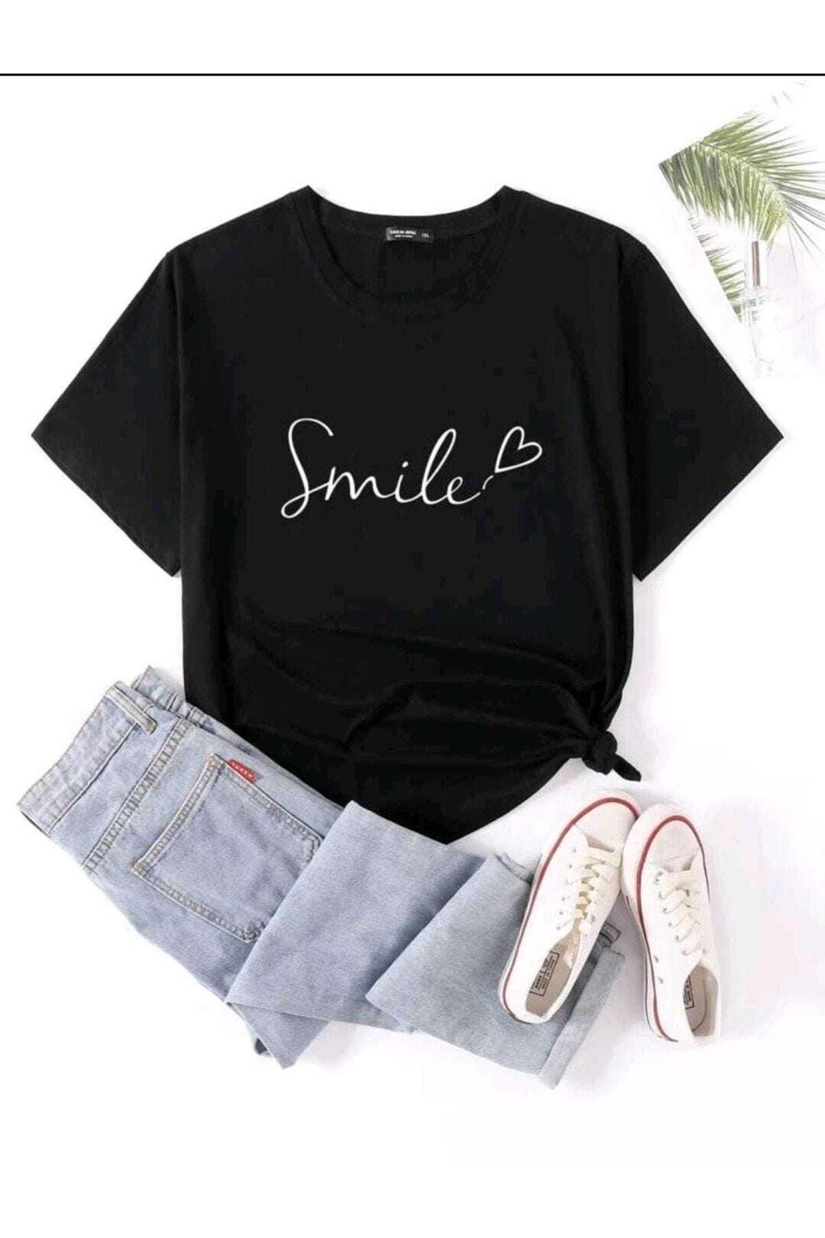 Unisex Oversize Siyah T-shirt Smıle Baskılı