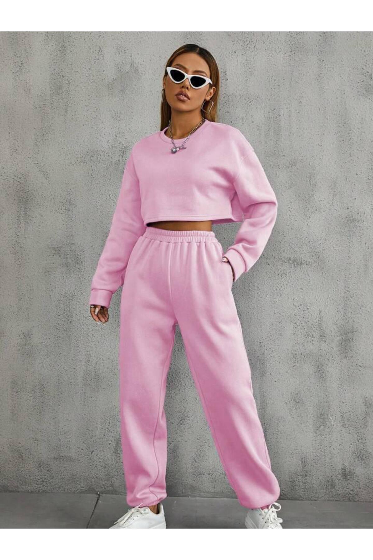 Pembe 3 İplik İçi Polarlı Beli ve Paçası Lastikli Eşofman Altı
