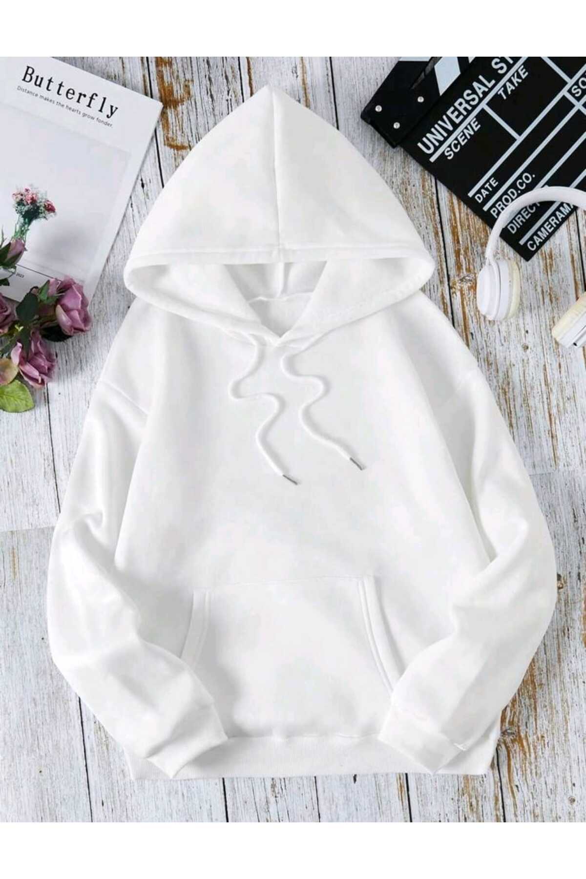 Beyaz Baskılı Kapüşonlu Sweatshirt Pamuklu