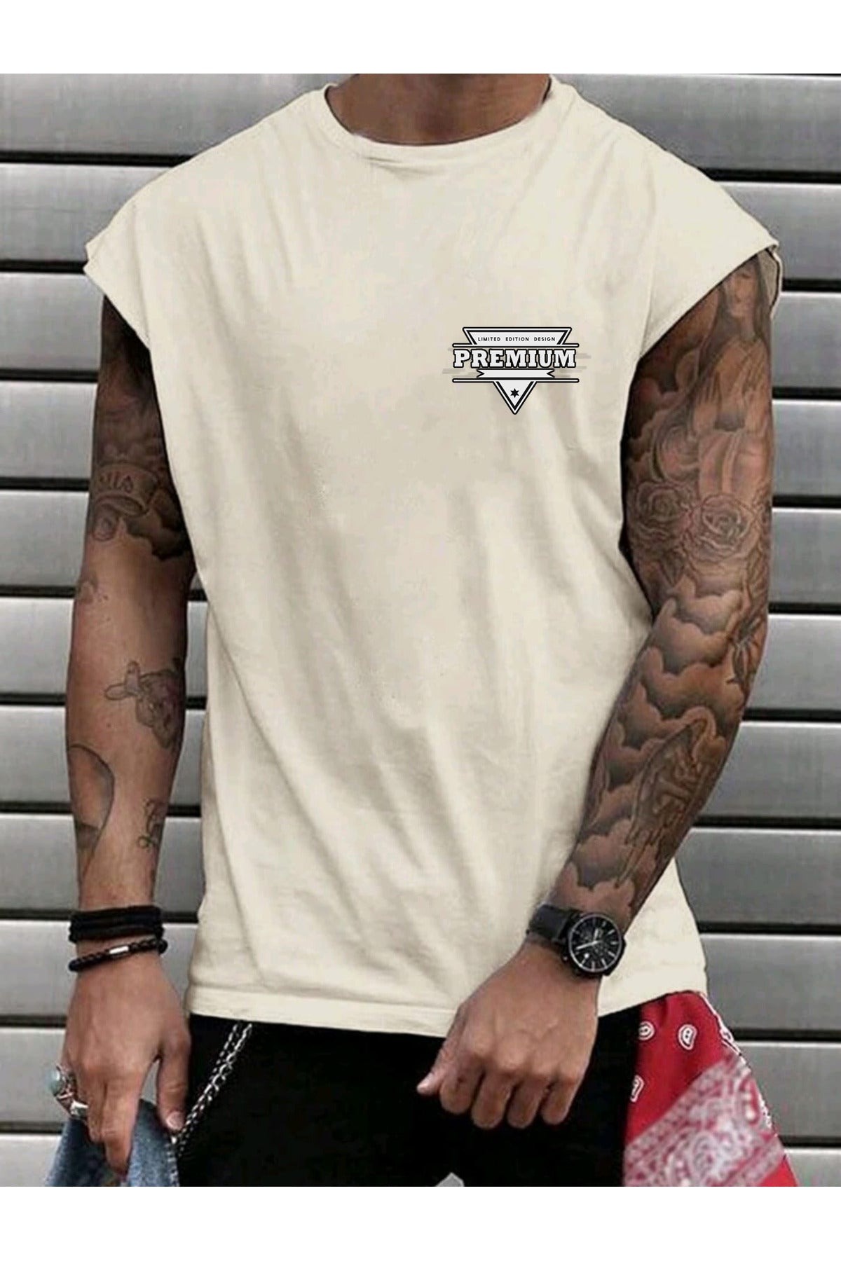 PREMIUM Baskılı Erkek Yazlık Gym Rahat Kolsuz Atlet SIıfr Kol T-Shirt