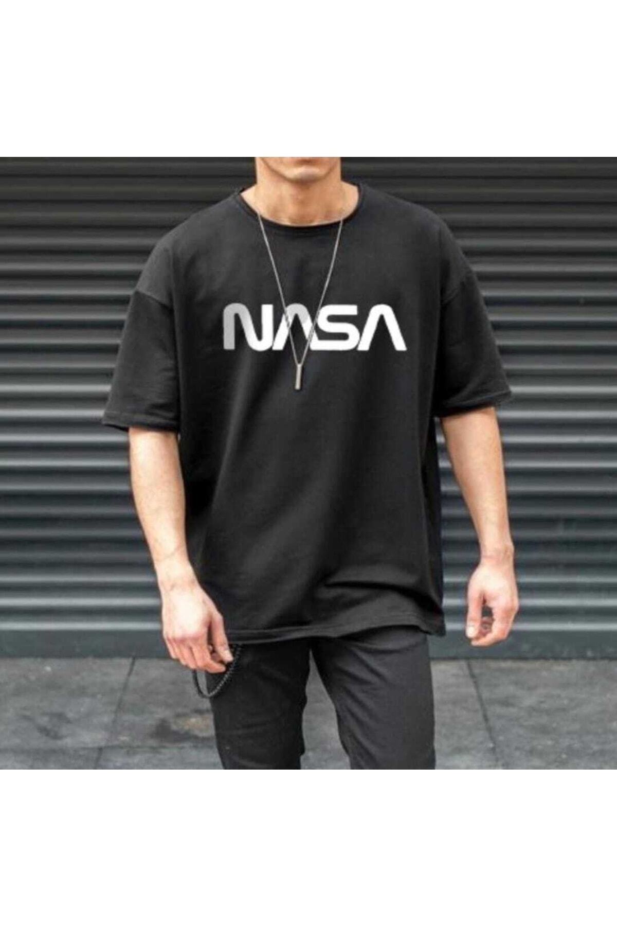 Unisex Siyah Bisiklet Yaka Pamuk Oversize Tshirt Nasa