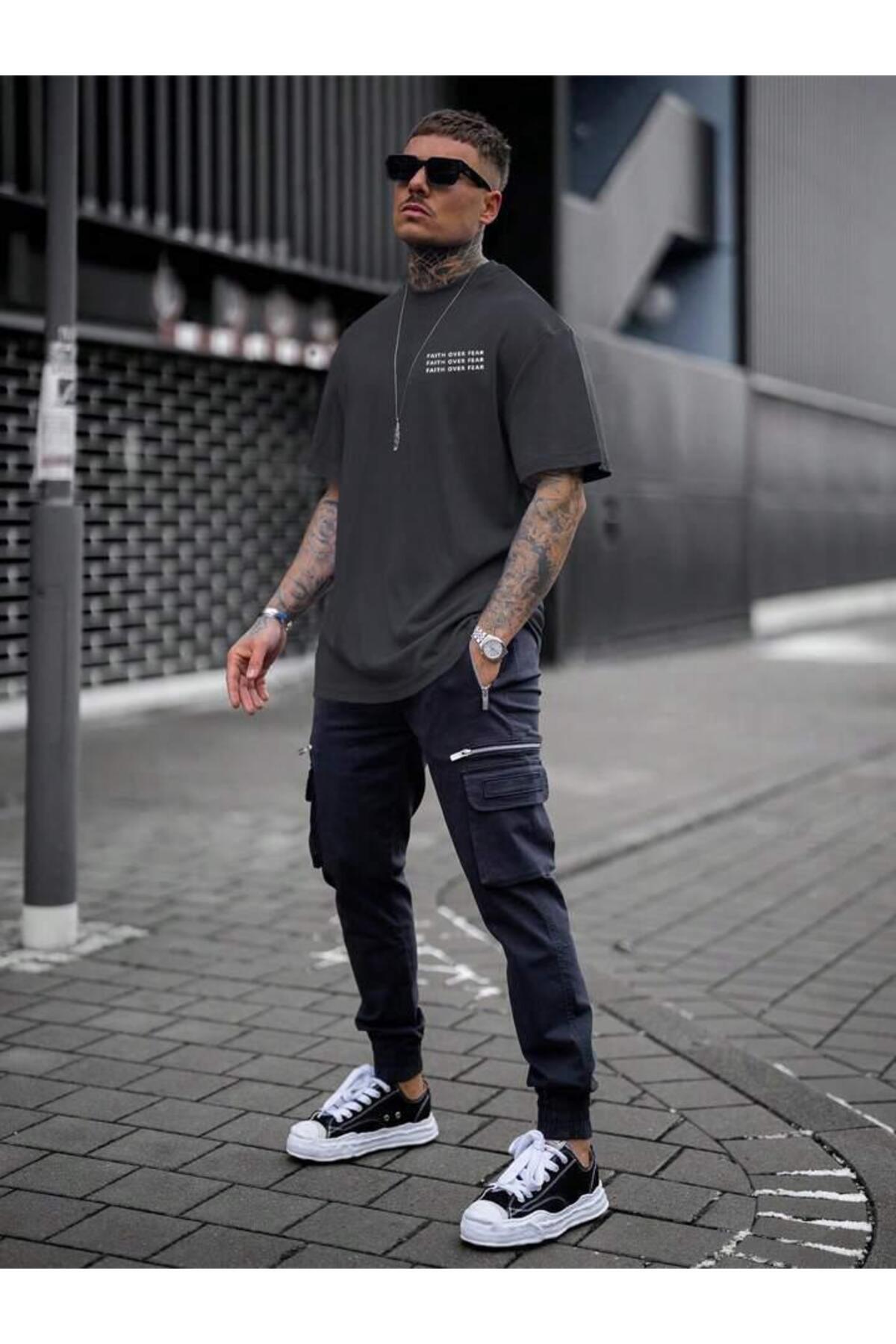 FAITH OVER FEAR Baskılı Oversize Pamuklu Tshirt T-Shirt Tşört Tişört