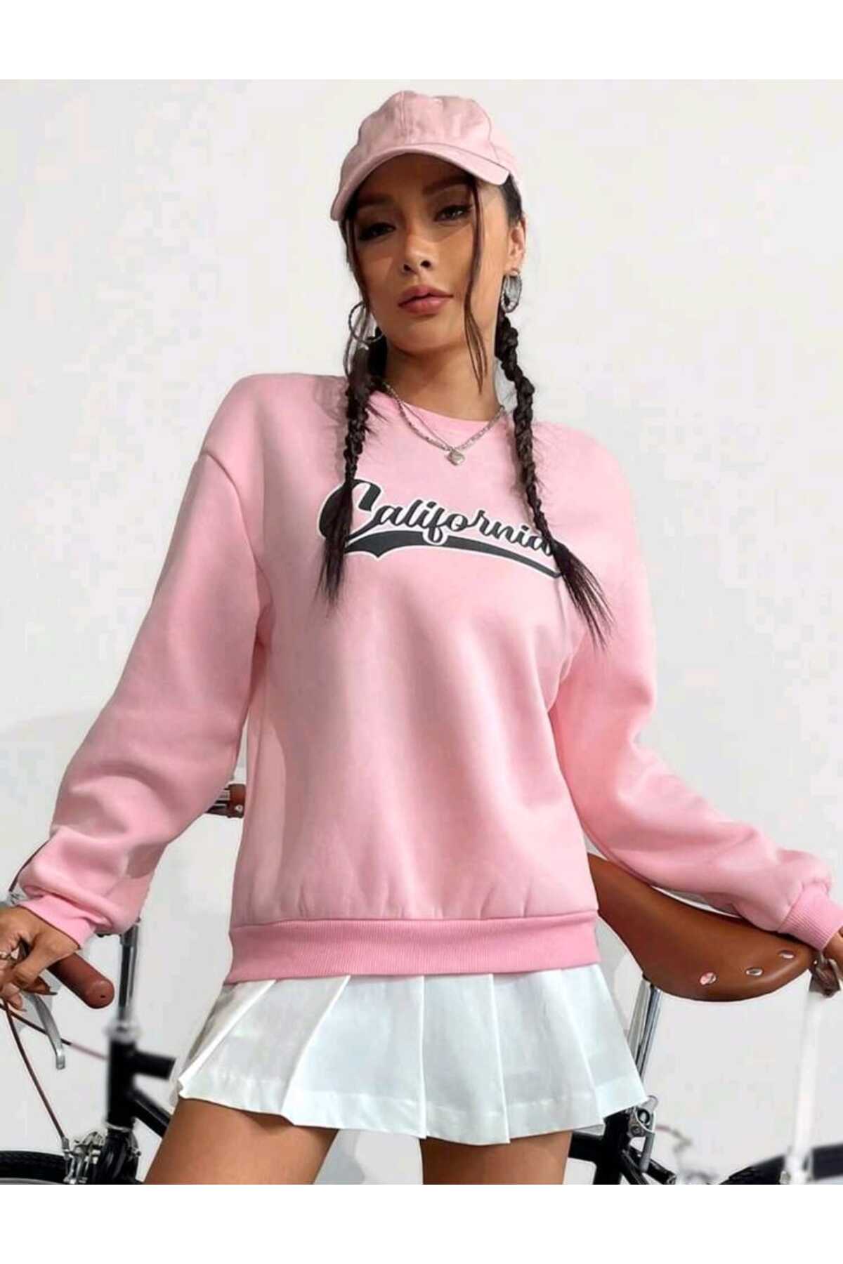 California Baskılı Şeker Pembe Bisiklet Yaka Sweatshirt Özel Seri Soft Kumaş