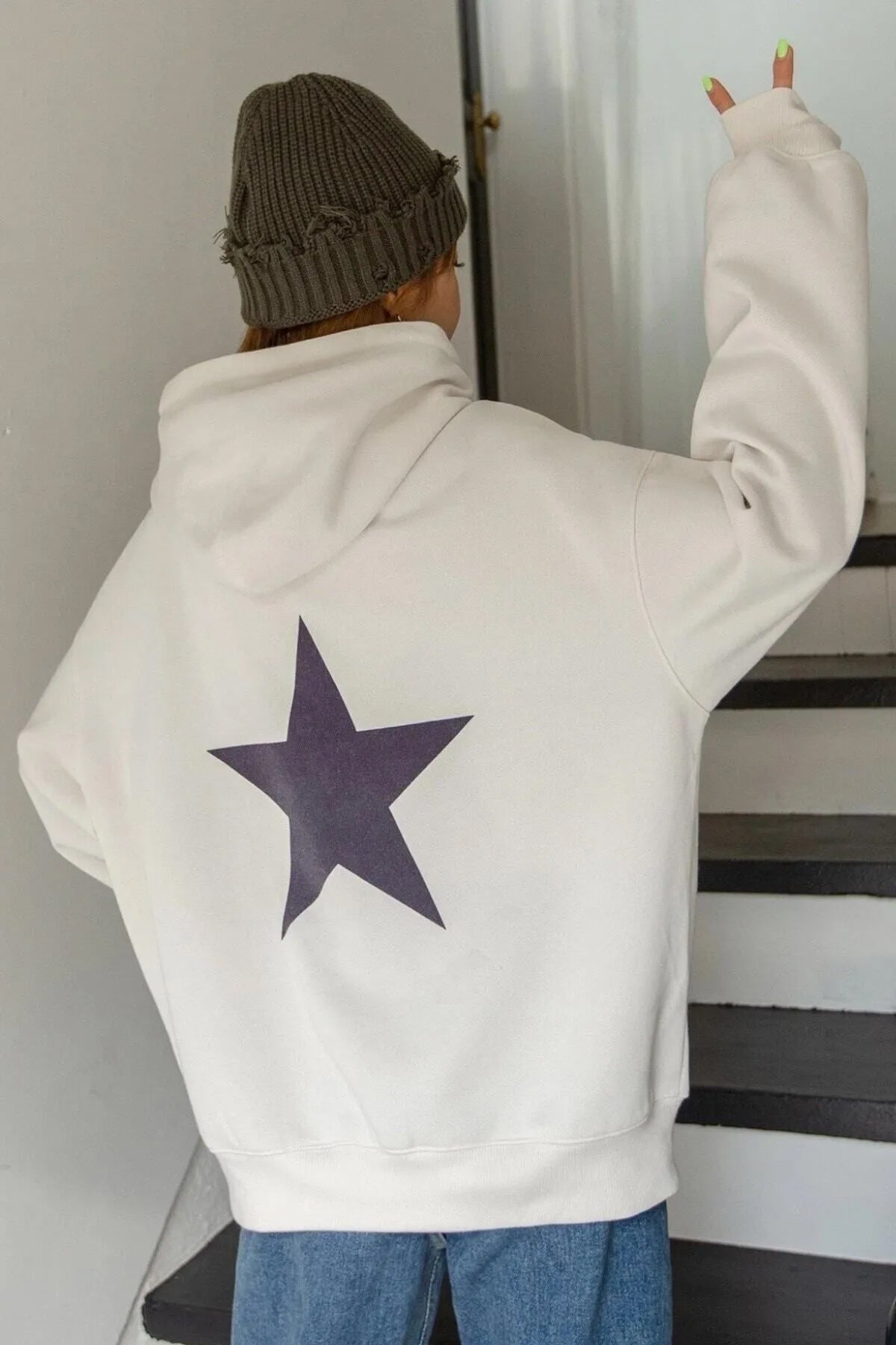 STAR Baskılı Oversize Kapşonlu Sweatshirt