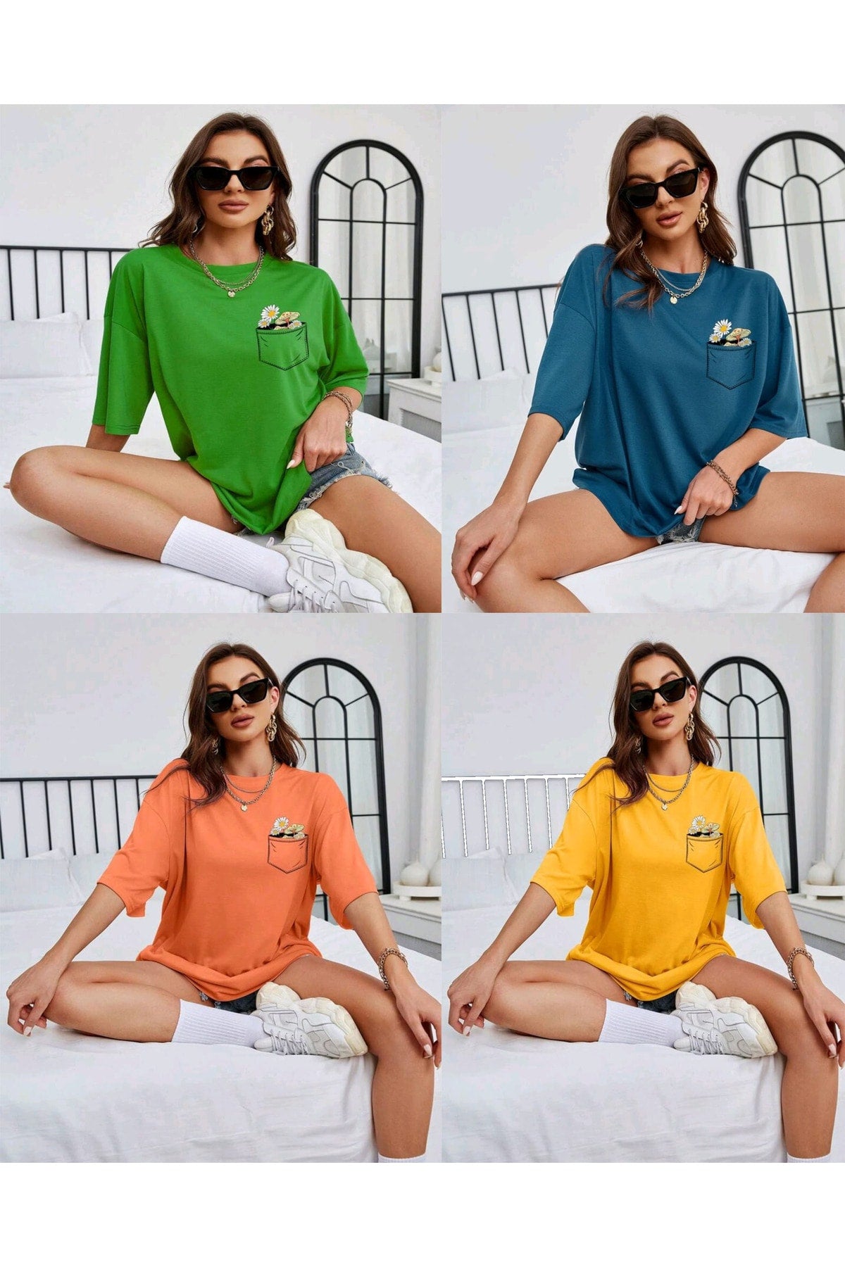 4ü1 Arada Çiçek Baskılı Unisex Oversize ( Geniş Kalıp ) Tshirt