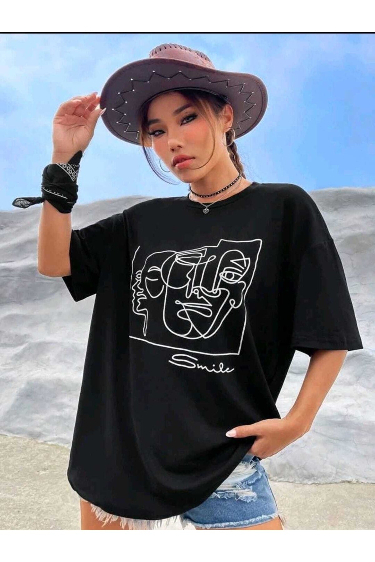 Lıne Face Baskılı Oversize ( Geniş Kalıp ) Bisiklet Yaka Pamuklu Tshirt