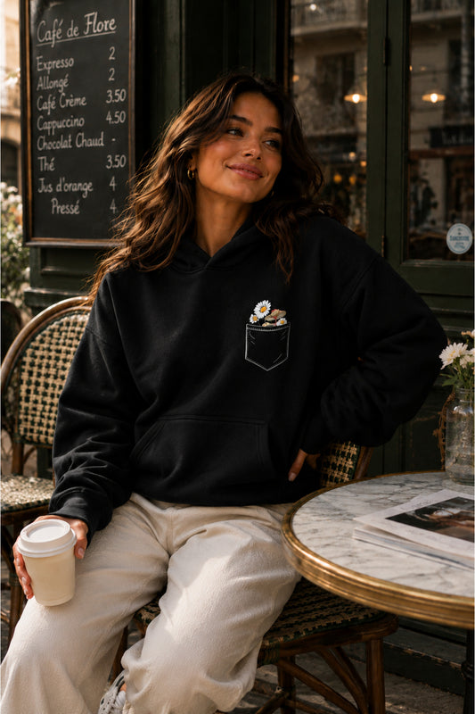 Kadın Cep Çiçek Baskılı KAPÜŞONLU Oversize Sweatshirt (3 İPLİK)