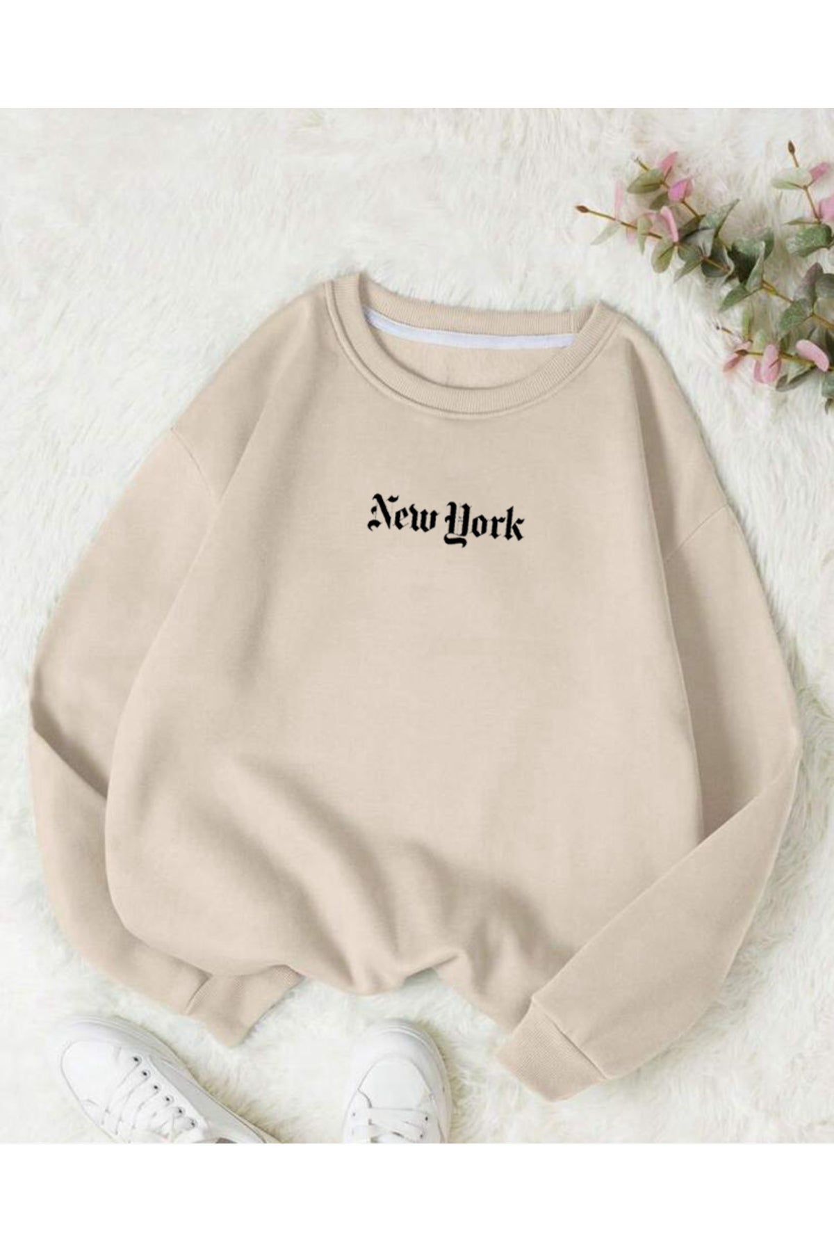 NEW YORK SLOGAN Baskılı Bisiklet Yaka OVERSIZE Sweatshirt