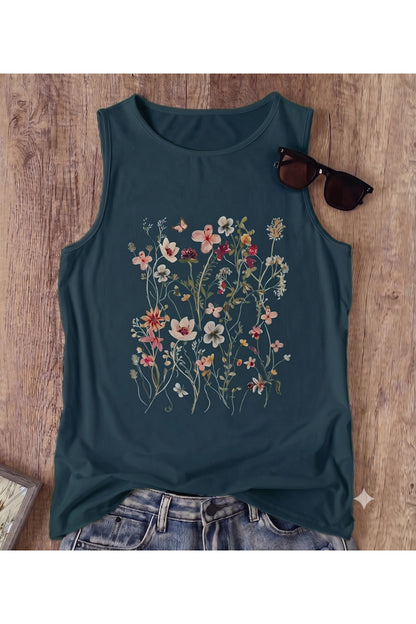 FLOWERS Desenli Kadın Pamuklu Omuzu Açık (Kolsuz) Yazlık T-shirt