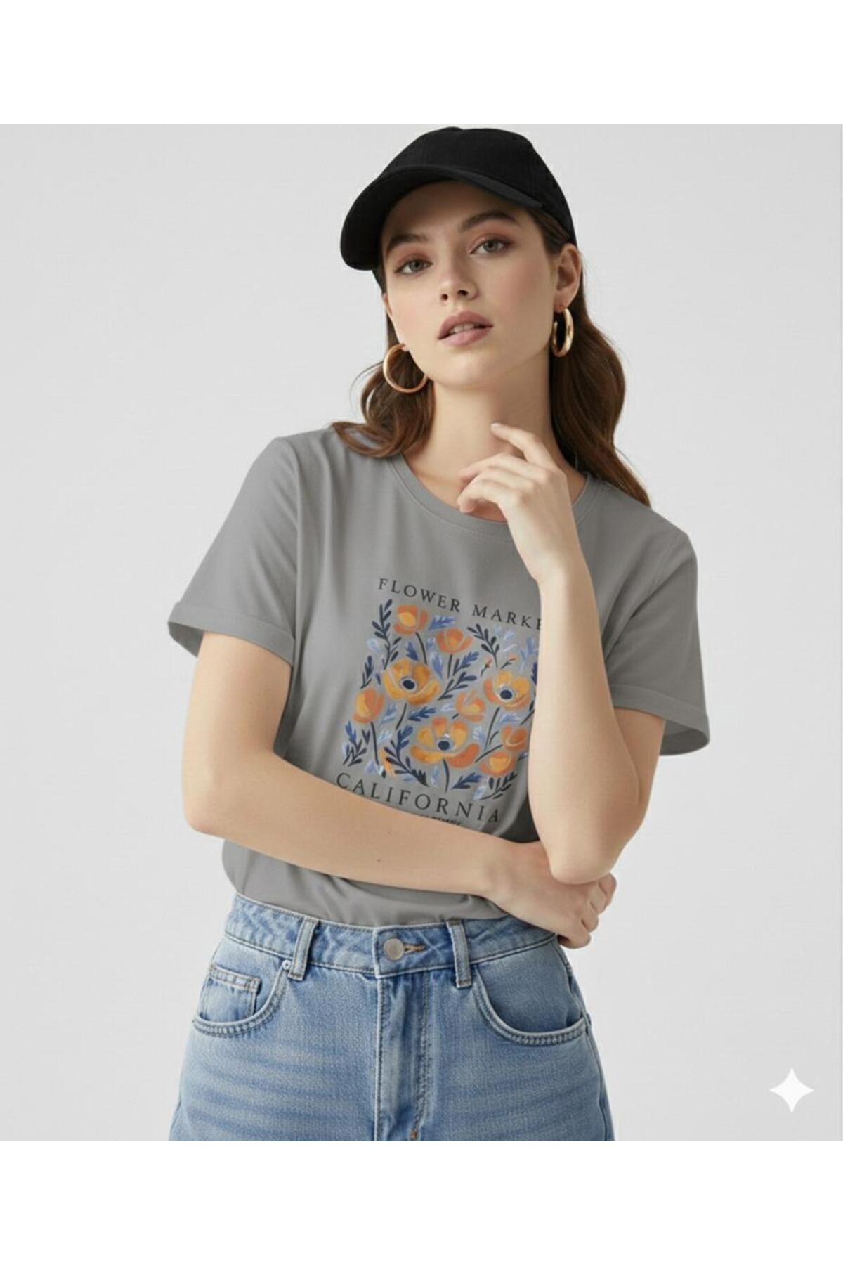 FLOWER MARKET California Baskılı Kadın Bisiklet Yaka Tshirt