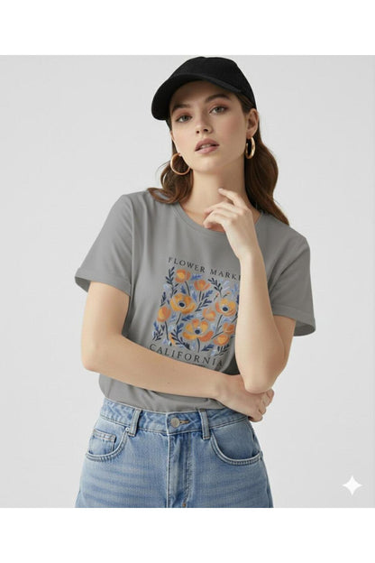 FLOWER MARKET California Baskılı Kadın Bisiklet Yaka Tshirt