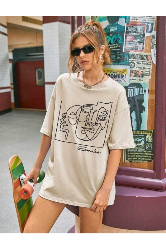 Lıne Face Baskılı Oversize ( Geniş Kalıp ) Bisiklet Yaka Pamuklu Tshirt