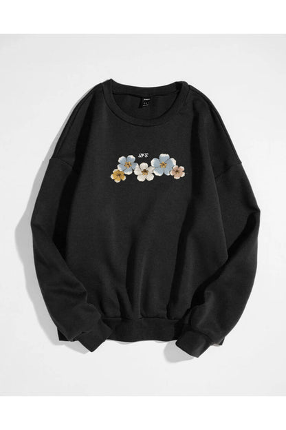 Life Menekşe Baskılı Bisiklet Yaka Sweatshirt