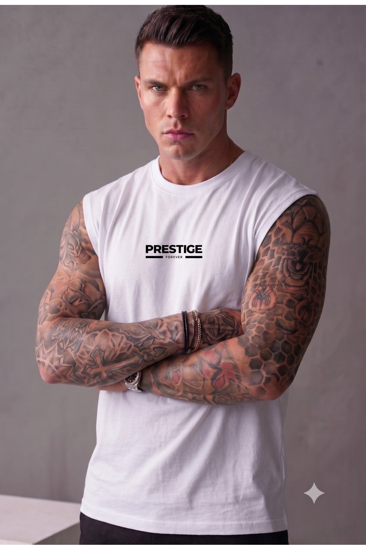 PRESTIGE Baskılı Erkek Sıfır Kol Sporcu Atlet T-shirt (Pamuk/Penye)