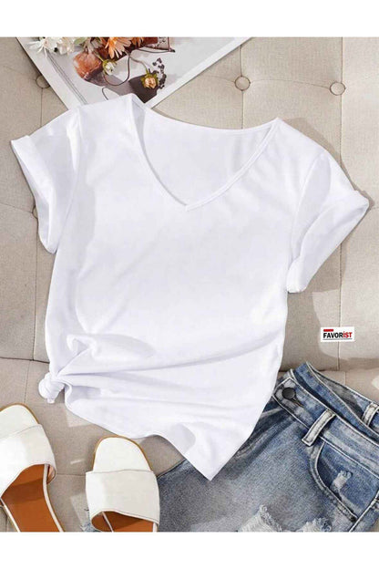 V Yaka (düz Desensiz) Basic Giy Çık Pamuklu Tshirt