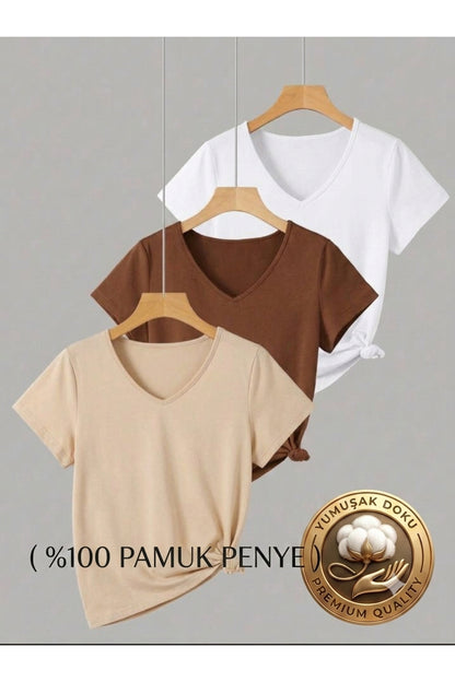 3 ADET V YAKA REGULAR KALIP KADIN TSHİRT ( %100 PAMUK )