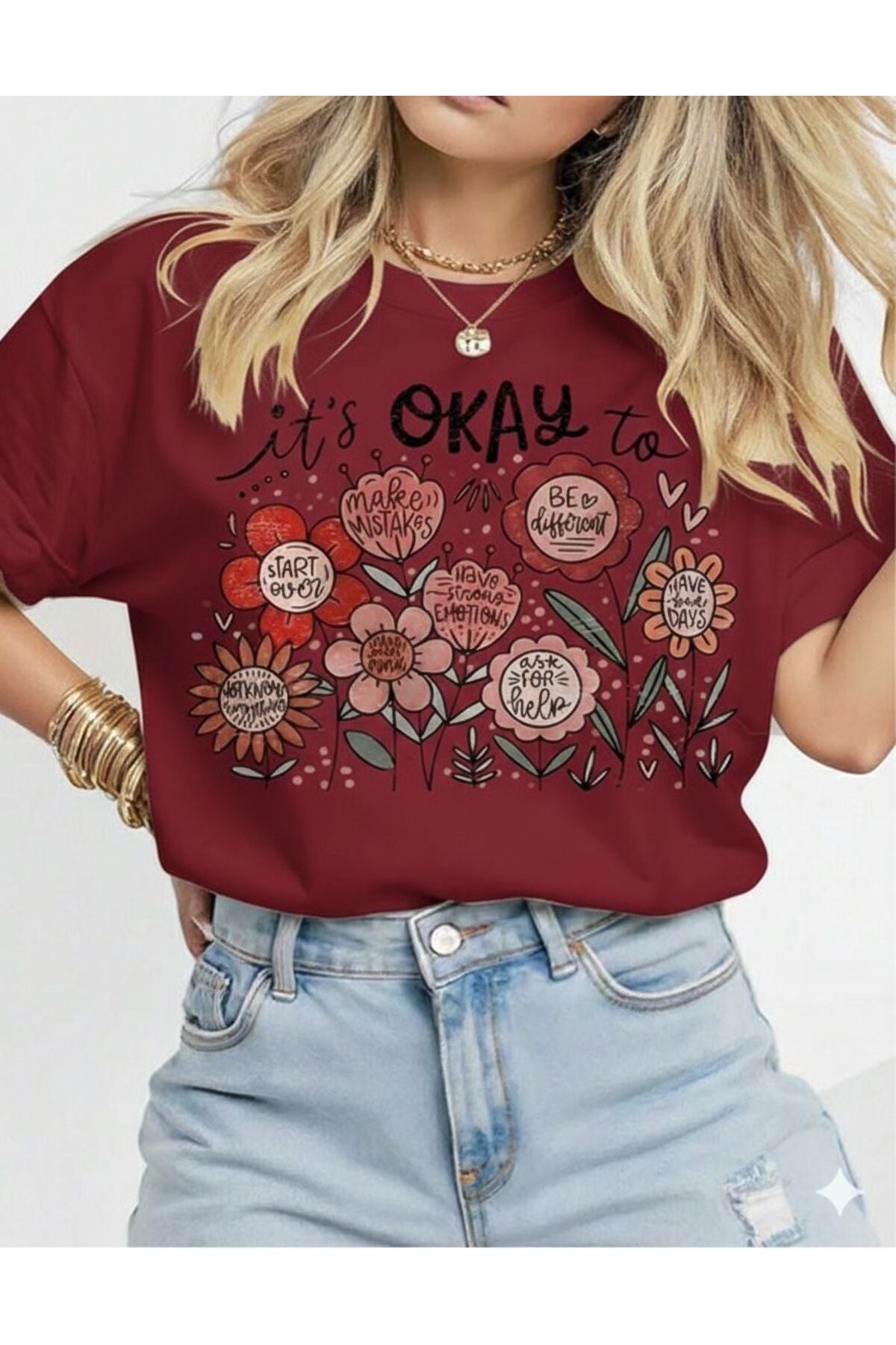 it's Okay To Çiçekler Kısa Kollu Pamuklu Tshirt