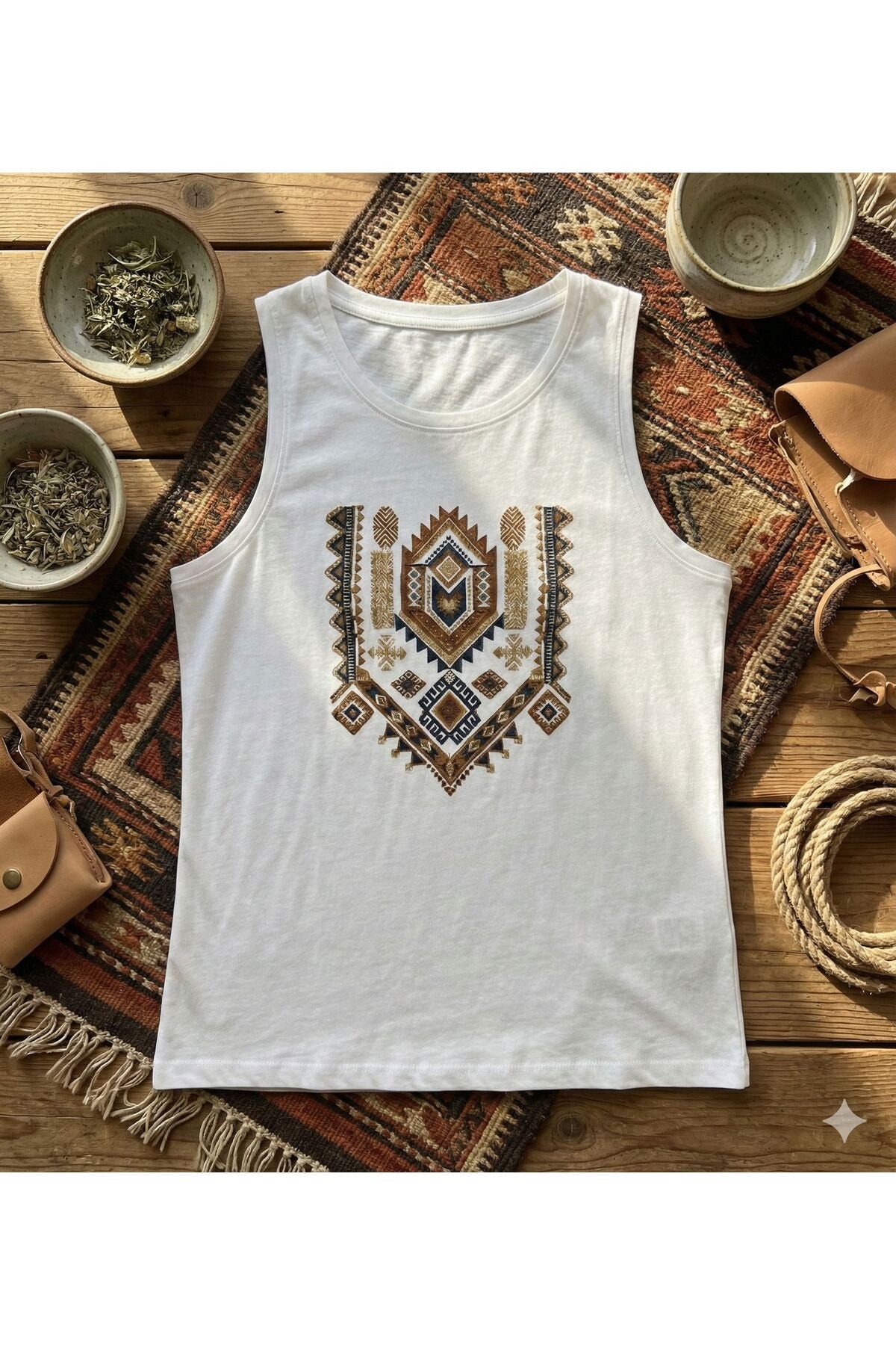 Etnik Desen Baskılı Kadın Omuzu Açık Kolsuz Askılı Tshirt