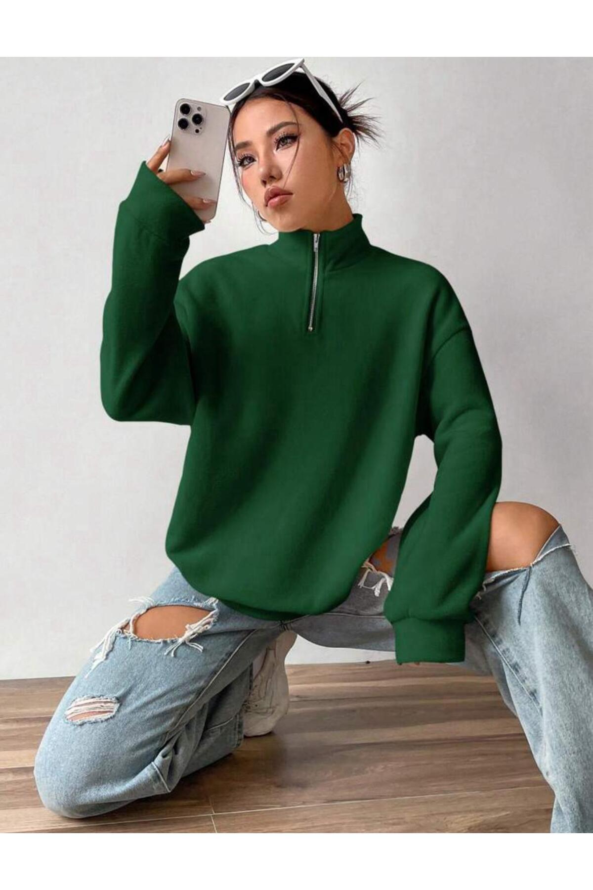 Dik Yaka Yarım Fermuarlı Düz Kazak Sweatshirt