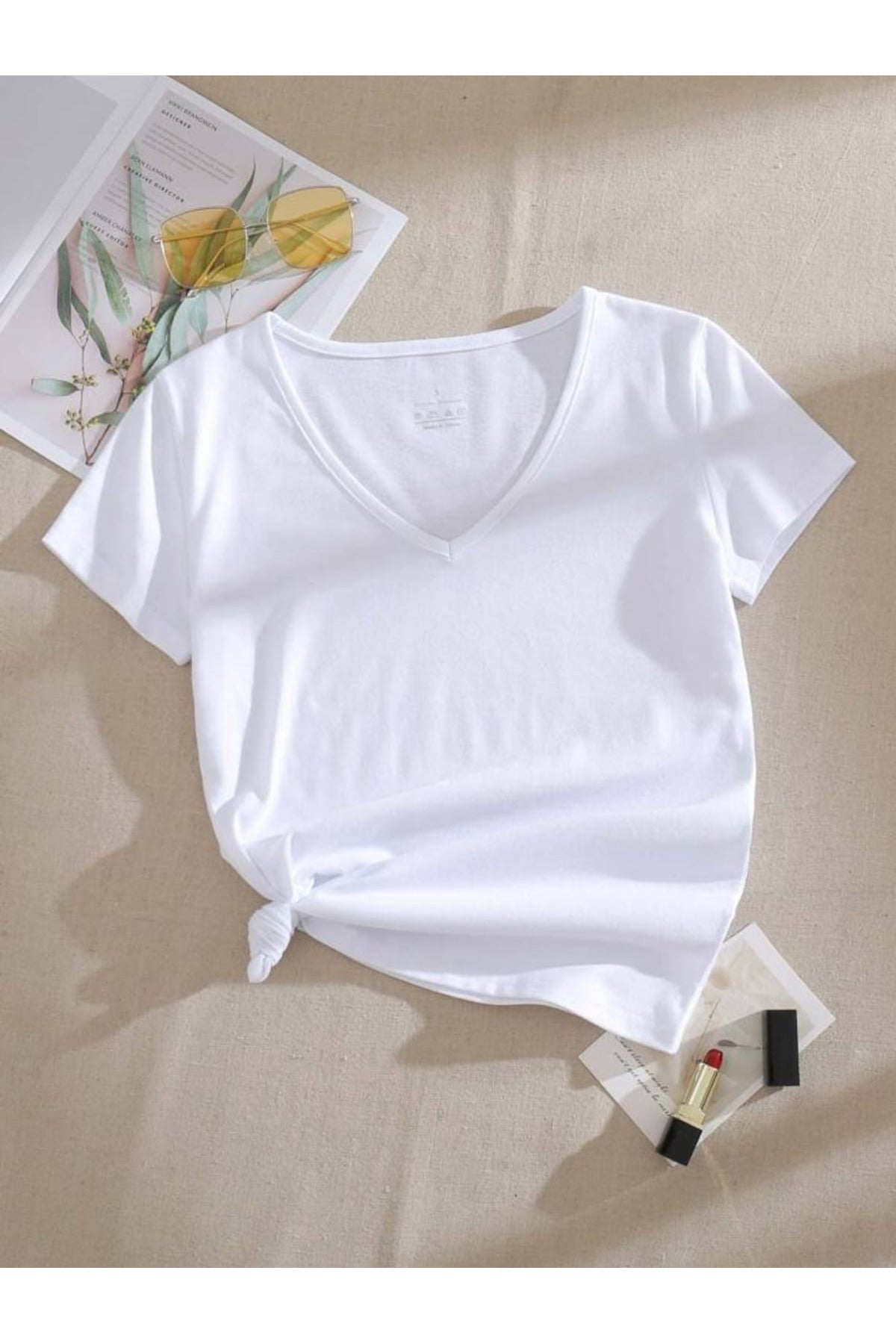 Kadın Yazlık V Yaka Tshirt Regular Fit Kalıp Düz Basic