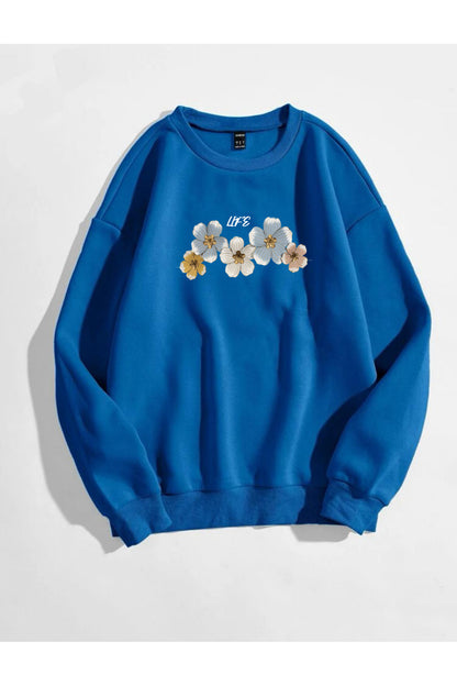Life Menekşe Baskılı Bisiklet Yaka Sweatshirt
