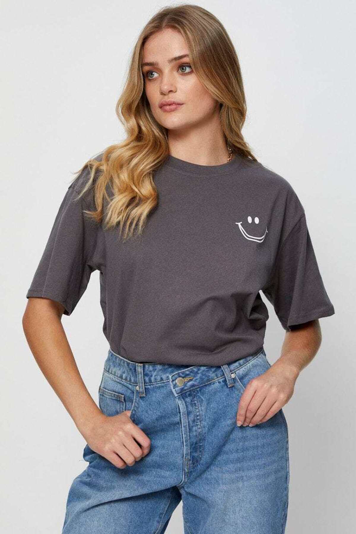 Gülümseme Baskılı Unisex Kısa Kol Bisiklet Yaka Tshirt