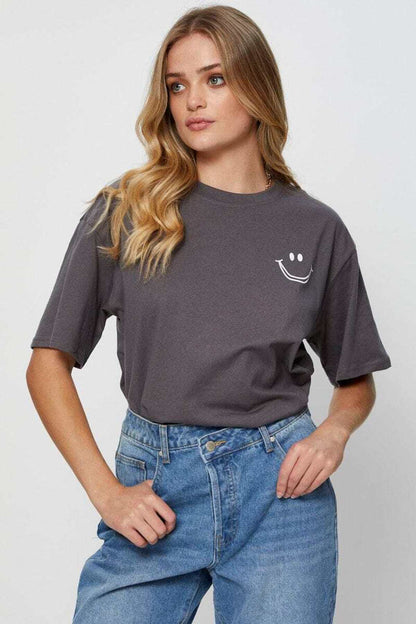 Gülümseme Baskılı Unisex Kısa Kol Bisiklet Yaka Tshirt