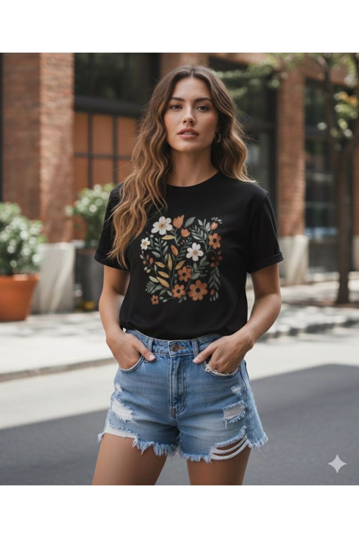 Bahar Dikdörtgen Papatyalar Baskılı Kadın Bisiklet Yaka Tshirt