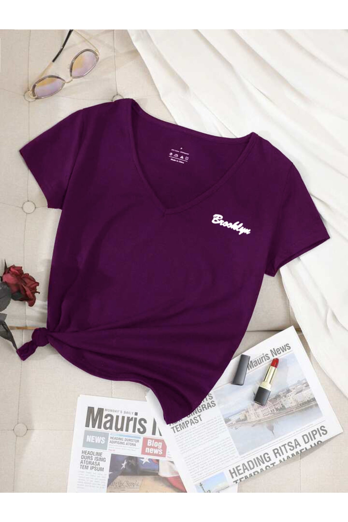 BROOKLYN Baskılı Yazlık V Yaka Tshirt Regular Kalıp