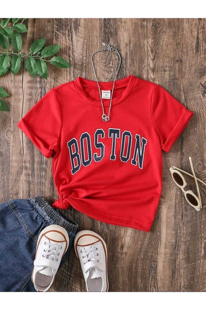 Çocuk BOSTON Baskılı Bisiklet Yaka Pamuklu T-shirt