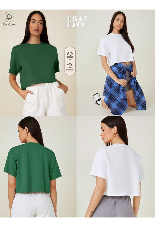 Kadın Crop 2'li Takım T-shirt Düz Baskısız (oversize) Pamuklu Bisiklet Yaka