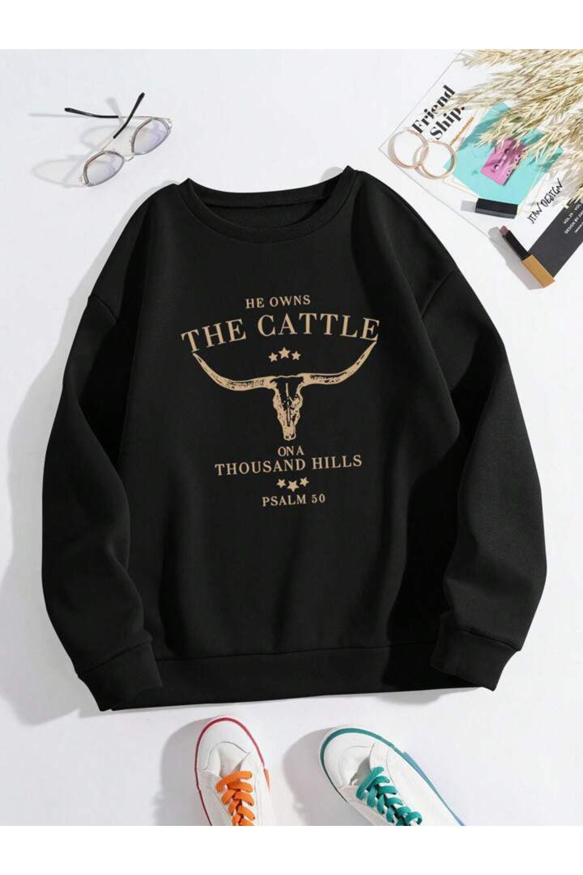 Siyah Karışık Bisiklet Yaka Sweatshirt Koleksiyonu