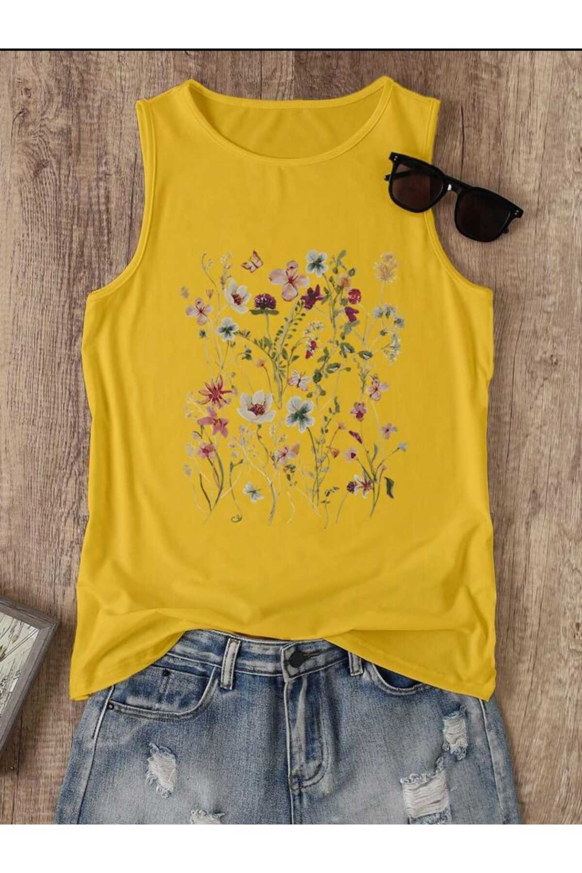 FLOWERS Desenli Kadın Pamuklu Omuzu Açık (Kolsuz) Yazlık T-shirt