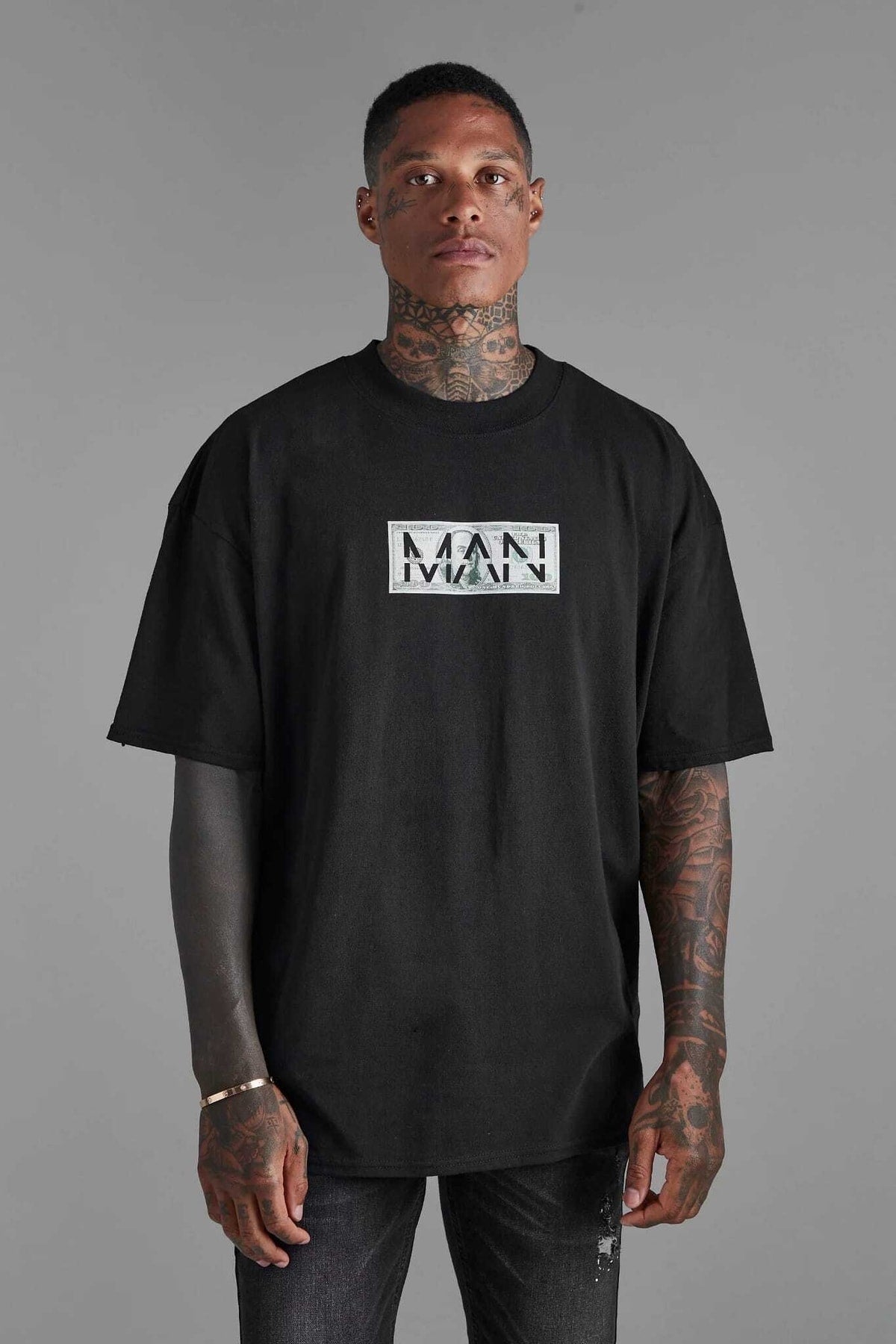 Man Oversize Unisex Bisiklet Yaka Siyah Tshirt