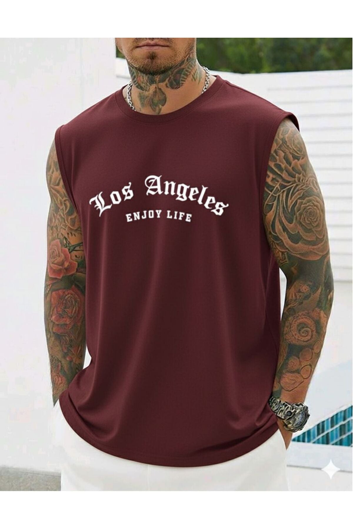 LOS ANGELES ENJOY LIFE Baskılı Erkek Sıfır Kol Sporcu Tshirt