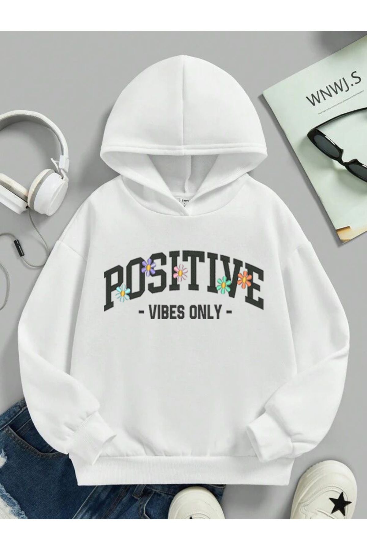 VIBES ONLY POSITIVE Baskılı Bisiklet Yaka Sweatshirt