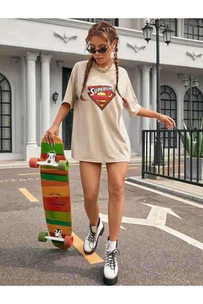Oversize Kalıp Super Girl Baskılı Unisex Tshirt