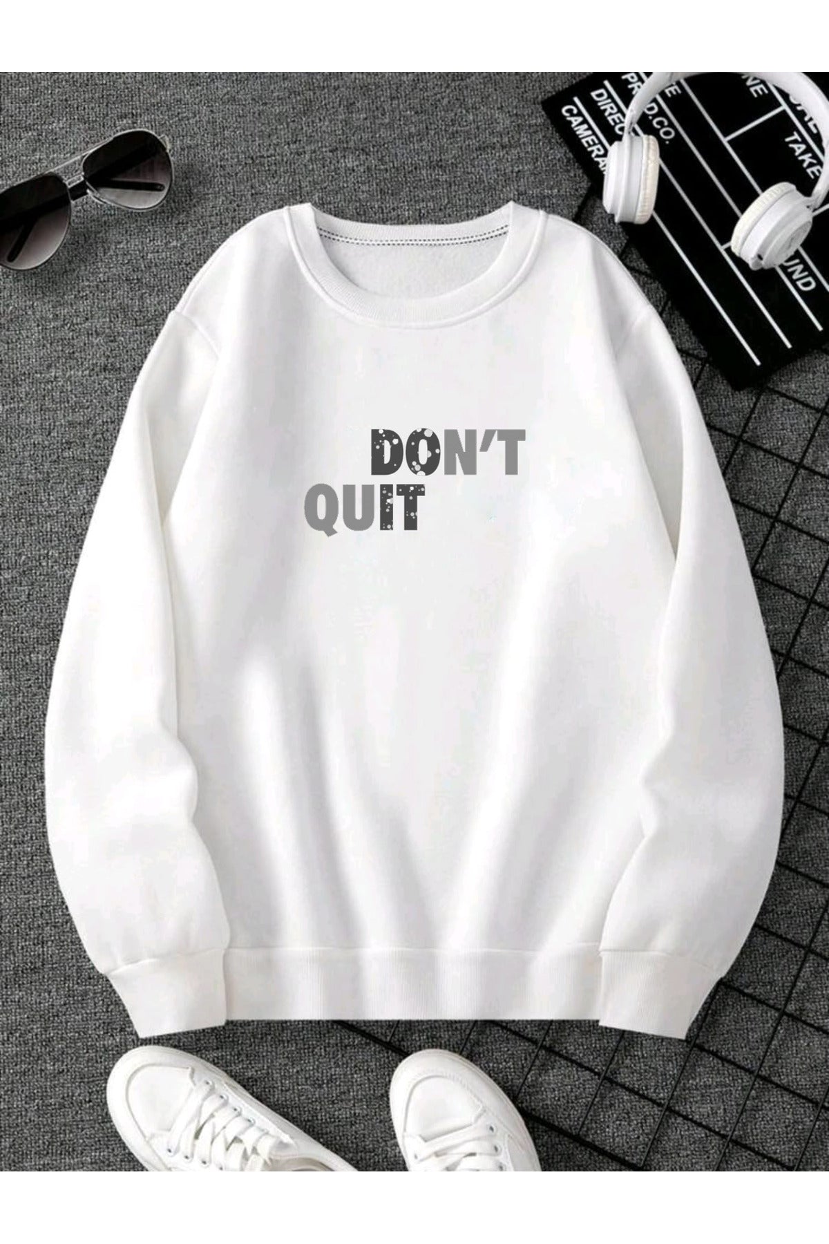 DON'T QUIT Baskılı Pamuklu Unisex Sweatshirt