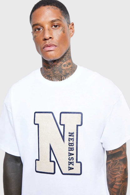 Nebraska Baskılı Oversize Bisiklet Yaka Beyaz Pamuk Tshirt