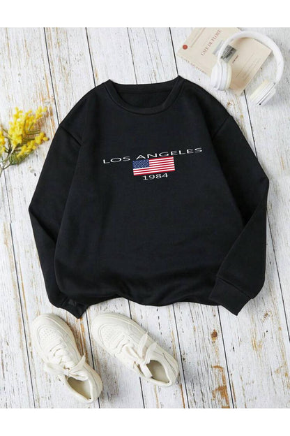 Unısex Los Angeles Baskılı Bisiklet Yaka Sweatshirt Hoodie
