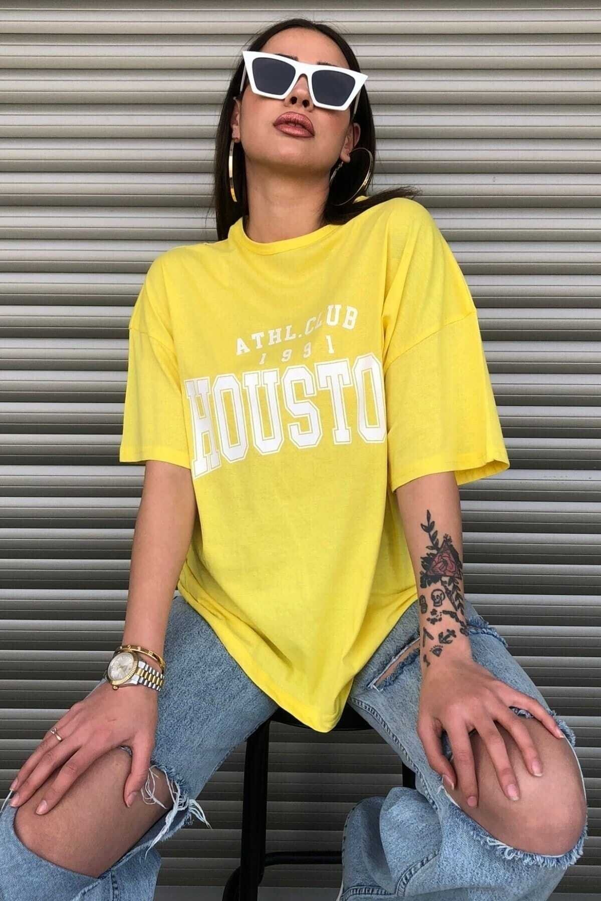 Houston 1991 Baskılı Oversize ( Geniş Kalıp ) Bisiklet Yaka Pamuk Spor Tshirt