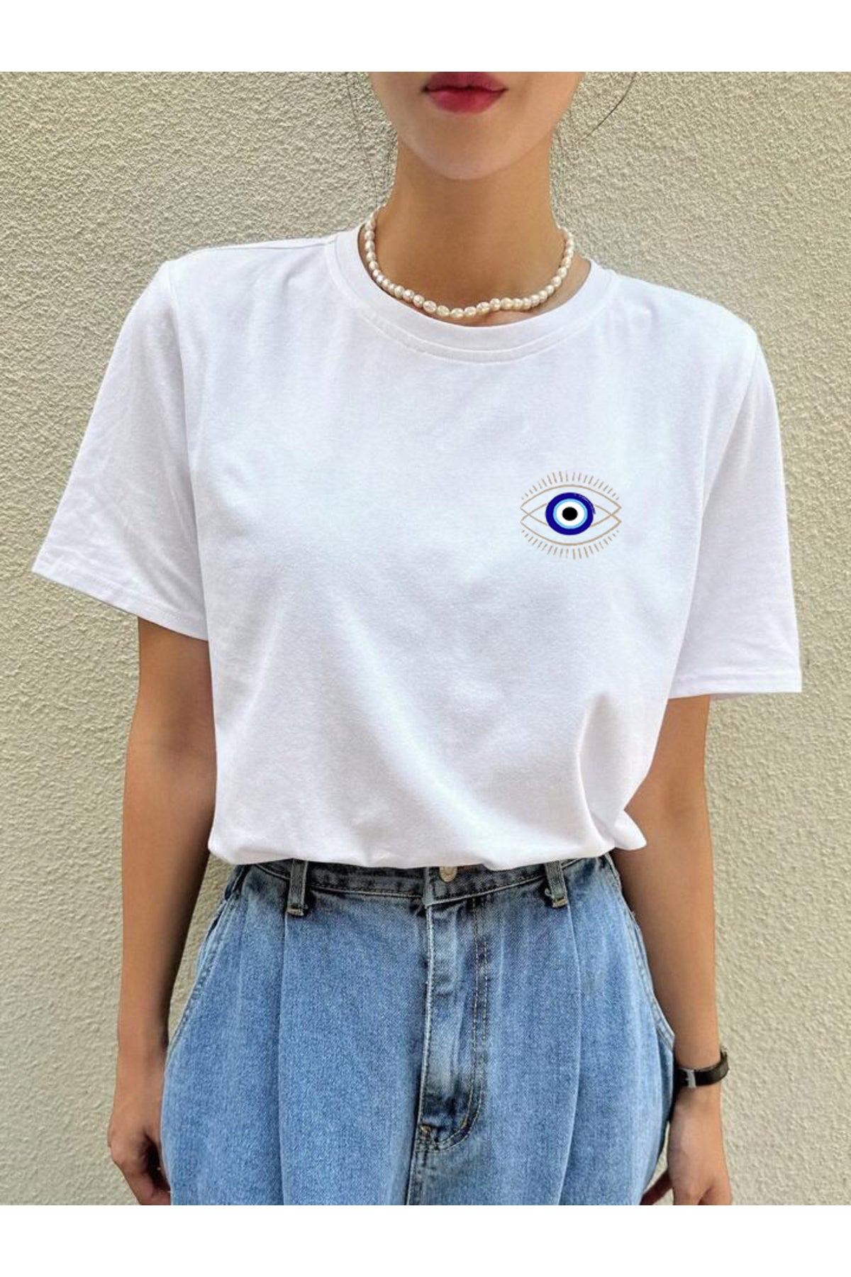 NAZAR BONCUĞU ve GÖZ Baskılı Pamuklu Kısa Kol (Oversize) Tshirt