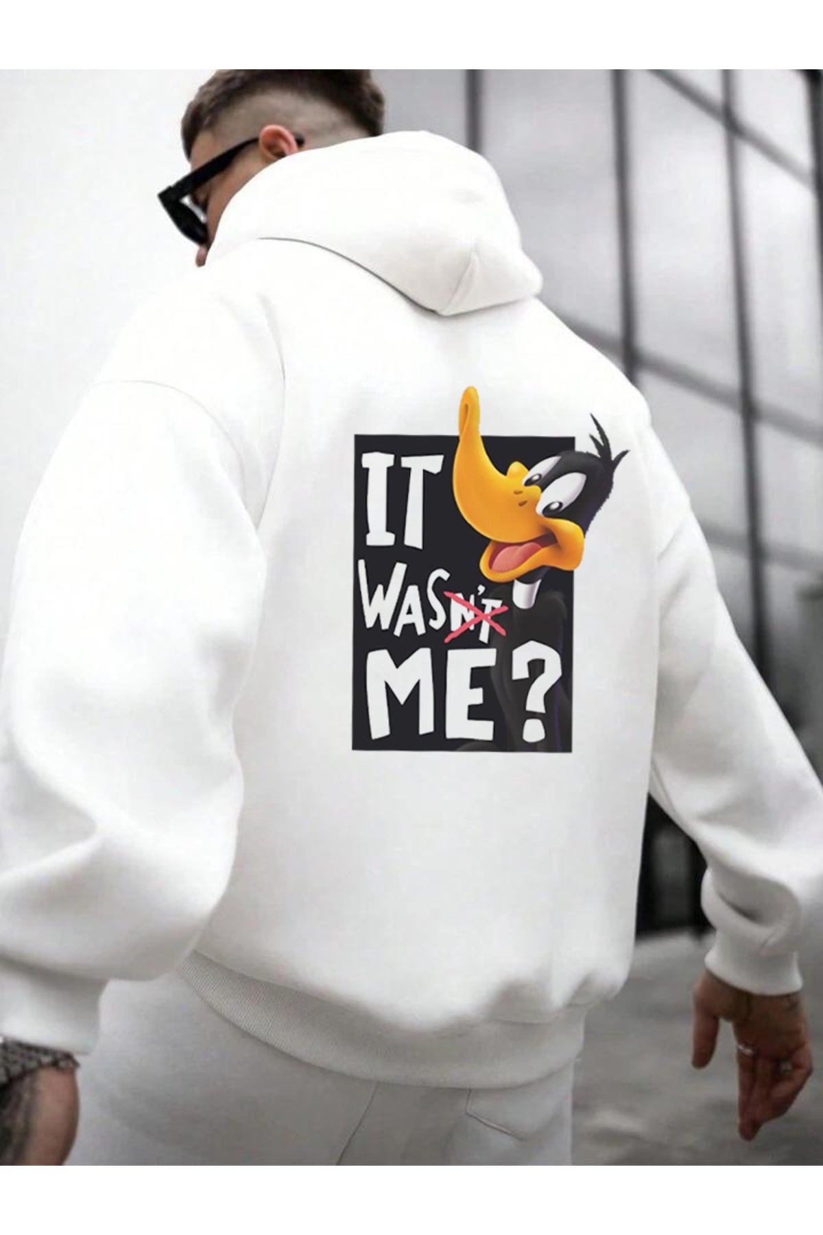 BEYAZ KARMA HOODIE PAMUKLU KAPÜŞONLU SWEATSHIRT