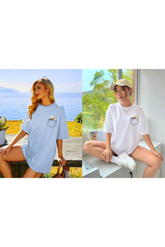 Çiçek Baskılı 2'li Takım Unisex Oversize  Geniş Kalıp  Tshirt