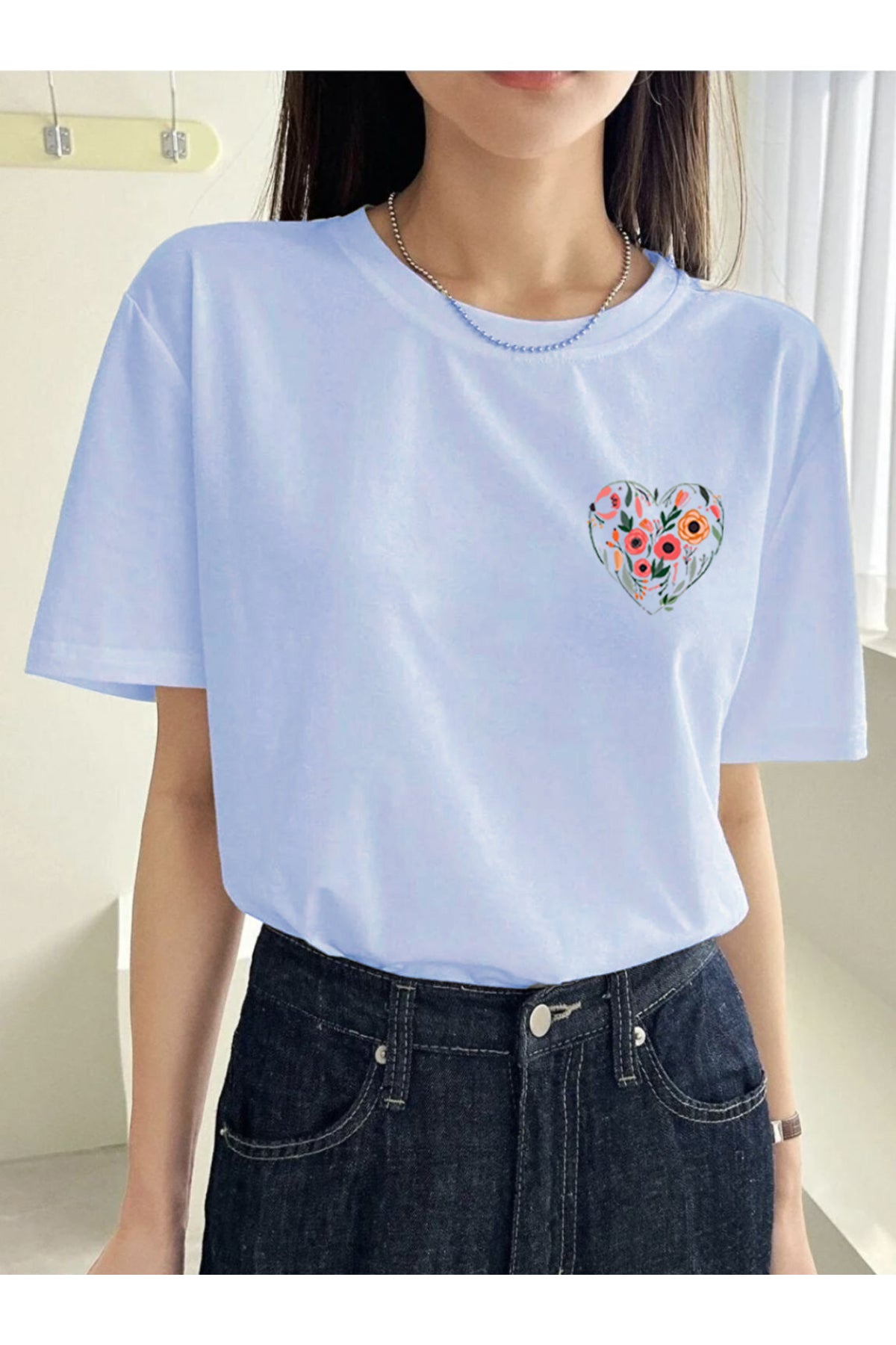 KALP ve Lale Baskılı Oversize Geniş Kalıp Pamuklu T-shirt Unisex