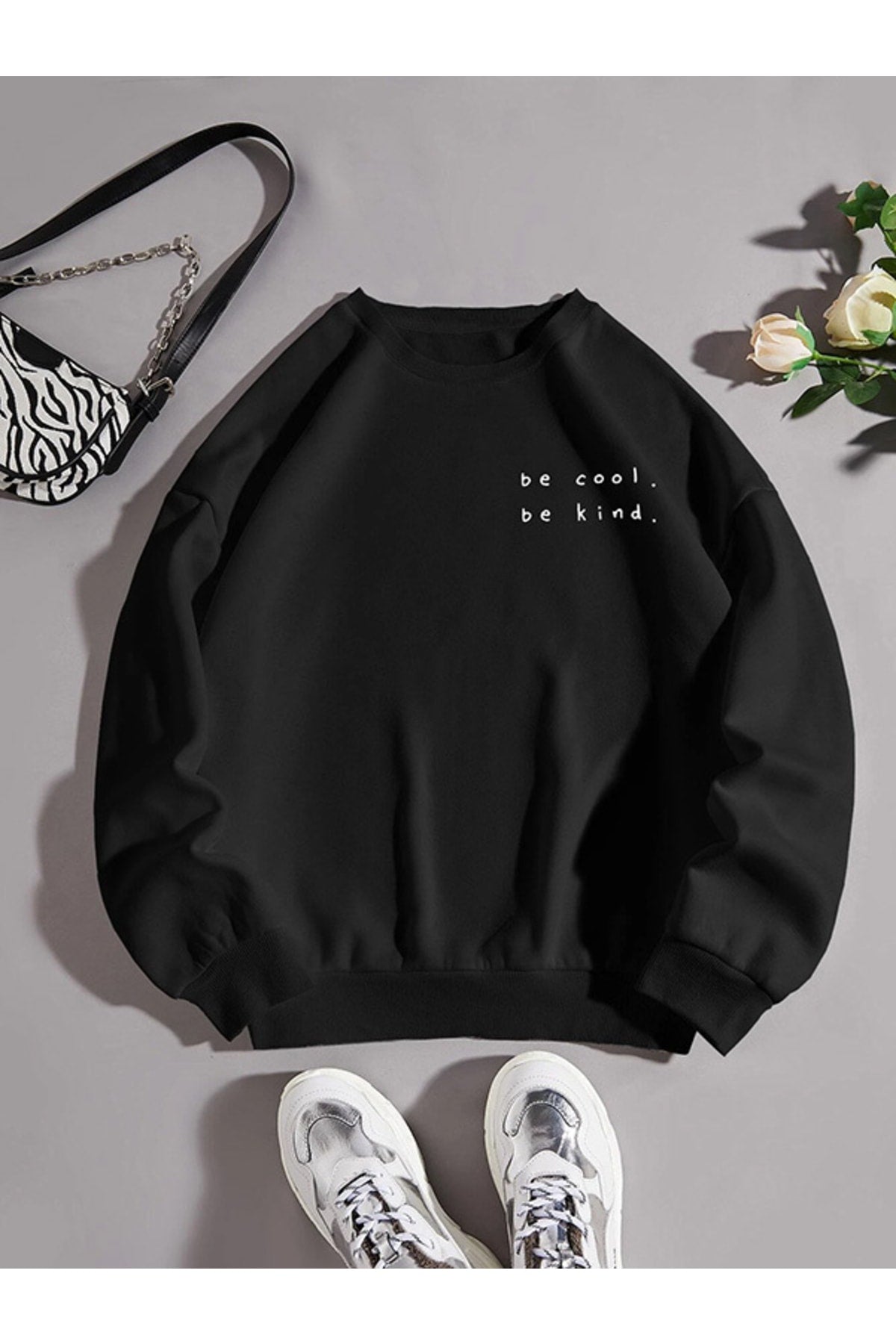 Unısex Baskılı Siyah Bisiklet Yaka Sweatshirt Hoodie Be Kınd